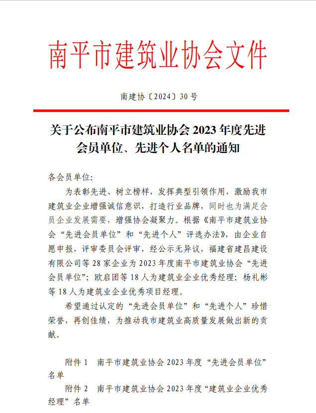 勇毅前行，再創佳績 —— 我司榮獲多項南平市建筑業協會2023年度榮譽